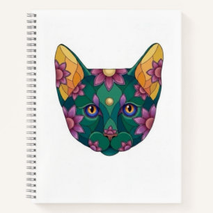 GRÜNE KATZE mit BLUMEN Skizzenbuch Spiralblock Notizbuch