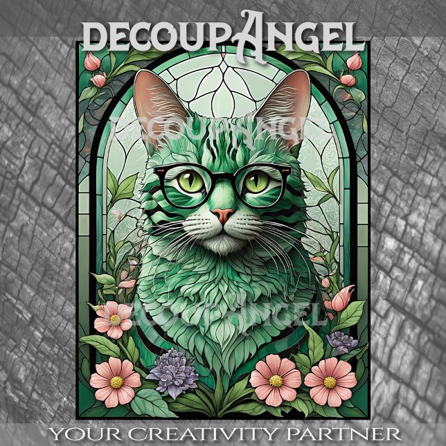 Grüne Katze und Blume - Decoupage_ Seidenpapier (Von Creator hochgeladen)