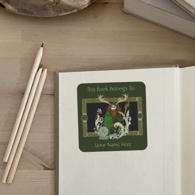 Grüne Keltische Geweih Mann Exlibris Quadratischer Aufkleber (Von Creator hochgeladen)