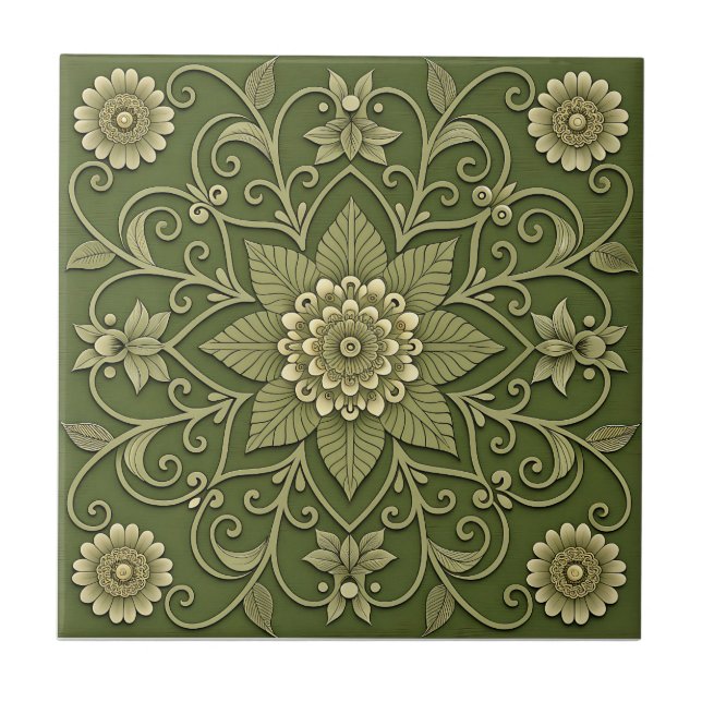 Grüne Keramikfliese mit Blumenmuster (Vorderseite)