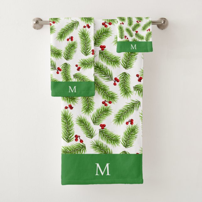 Grüne Kiefern und Berries Mit Monogramm Badhandtuch Set (Insitu)