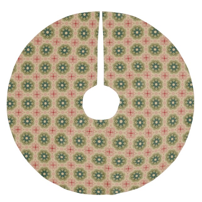 Grüne Kiefernnadeln und roter Spitzen-Baumschürze Polyester Weihnachtsbaumdecke (Vorderseite)