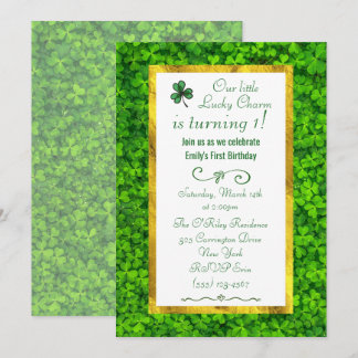Grüne Klee mit IMITATEN Gold Foil 1. Geburtstag Einladung