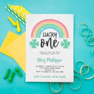 Grüne Klee und Regenbogen Lucky Eins erster Geburt Einladung