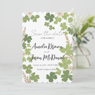 Grüne Kleeblatt-Frühlingswildblumen-Hochzeit  Merk Save The Date