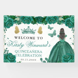 Grüne Kleid Braunhaarige Prinzessin Florale Quince Banner