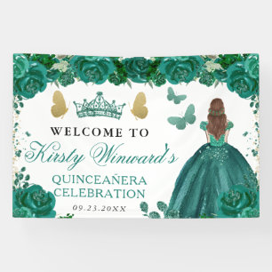 Grüne Kleid Rot Haar Prinzessin Floral Quinceanera Banner
