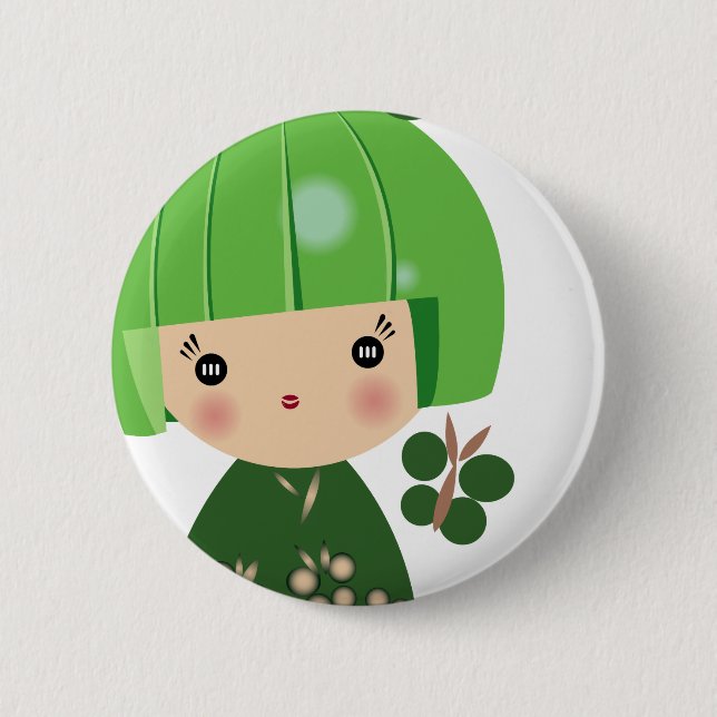 Grüne Kokeshi Dreiergruppe-nahes hohes Button (Vorderseite)