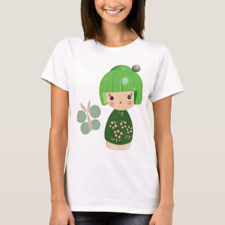 Grüne Kokeshi Dreiergruppe-Spaghetti-Bügel-Spitze T-Shirt