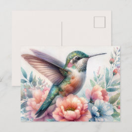 Grüne Kolibri-Blumen-Aquarell-Postkarte Postkarte