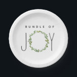 Grüne Kranzflasche mit Joy Neutral Baby Dusche Pappteller<br><div class="desc">Babyduschpapier-Teller mit einer Abbildung eines grünen Kranzes,  der in den Satz "Freudenbündel" aufgenommen wurde.</div>