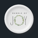 Grüne Kranzflasche mit Joy Neutral Baby Dusche Pappteller<br><div class="desc">Babyduschpapier-Teller mit einer Abbildung eines grünen Kranzes,  der in den Satz "Freudenbündel" aufgenommen wurde.</div>