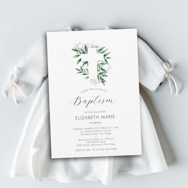 Grüne Kreuz White Green Baby Child Baptisse Einladung (baby child baptism christening invitation white cross greenery botanical foliage watercolor elegant )