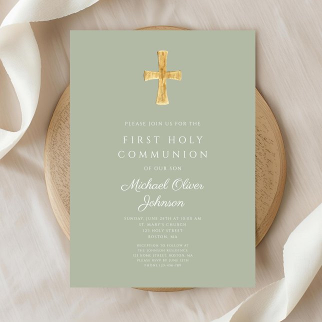 Grüne Kreuzung der Neuen Liga Einladung (Modern Sage Green Cross Religious First Communion Invitation)