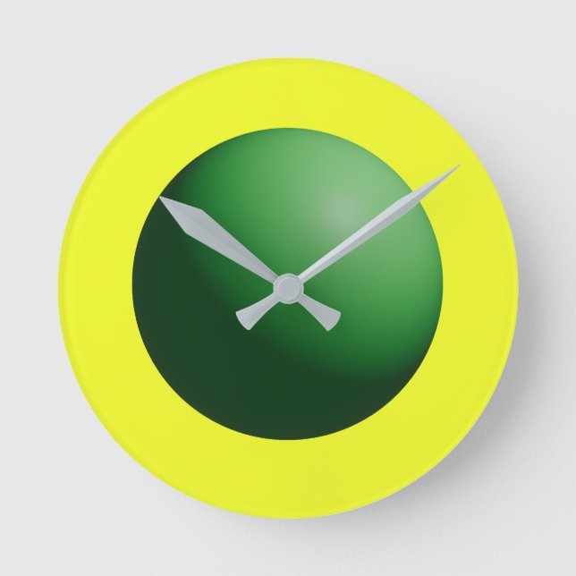 Grüne Kugel auf Gelb  Runde Wanduhr (Vorderseite)