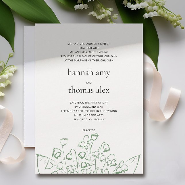 Grüne Kunstskizze Lily Tal Moderne Festliche Hochz Einladung (lily of the valley wedding invitation formal modern elegant green floral sketch fine art romantic)