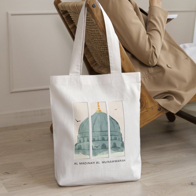 Grüne Kuppel Masjid an-Nabi Wasserfarbe Triptychon (Masjid an-Nabi Green Dome watercolor tote – luxury Islamic gift & faith statement.)