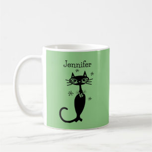 Grüne langhalsige Katze im MCM-Stil Kaffee Retro-T Kaffeetasse