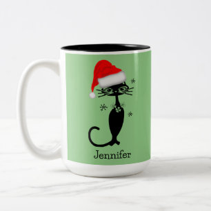 Grüne Langhalskatze Retro Weihnachten Zweifarbige Tasse