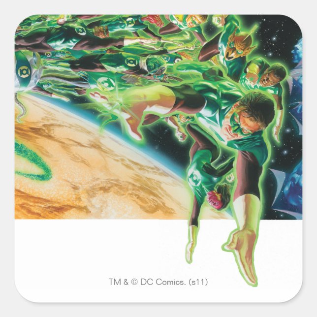 Grüne Lanterns fliegen im Weltraum Quadratischer Aufkleber (Vorderseite)