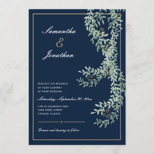 Grüne Leaf-Reben Blue Wedding Einladung