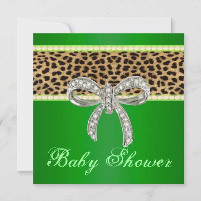 Grüne Leopard Diamond Bow Kinderdusche Einladung (Vorderseite)