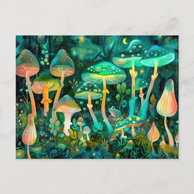 Grüne, leuchtende Pilze in einer Gruppe zur Nacht Postkarte (Vorderseite)