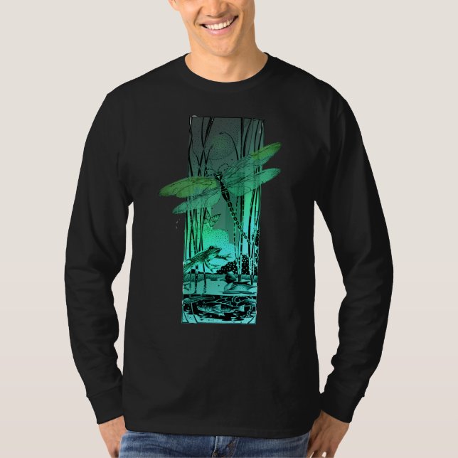 Grüne Libelle und Frosch im Teich T-Shirt (Vorderseite)