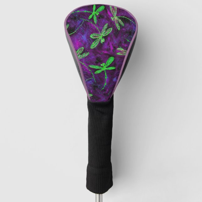 Grüne Libellen auf Lila Golf Headcover (Vorderseite)