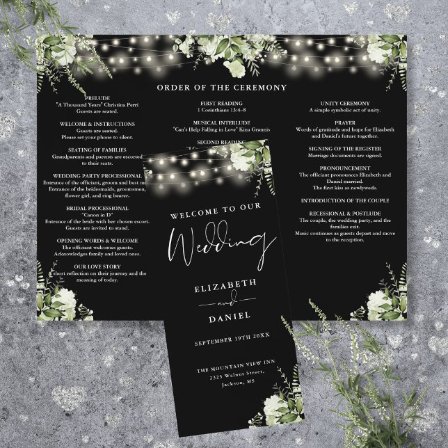 Grüne Lichterketten Hochzeitsprogramm Trifold (Greenery String Lights Trifold Wedding Program Flyer)