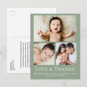 Grüne Liebe & Dank Baby Foto Geburtsankündigung Postkarte