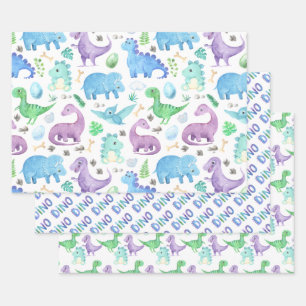 Grüne lila blaue Dinosaurier für Kinder  Geschenkpapier Set