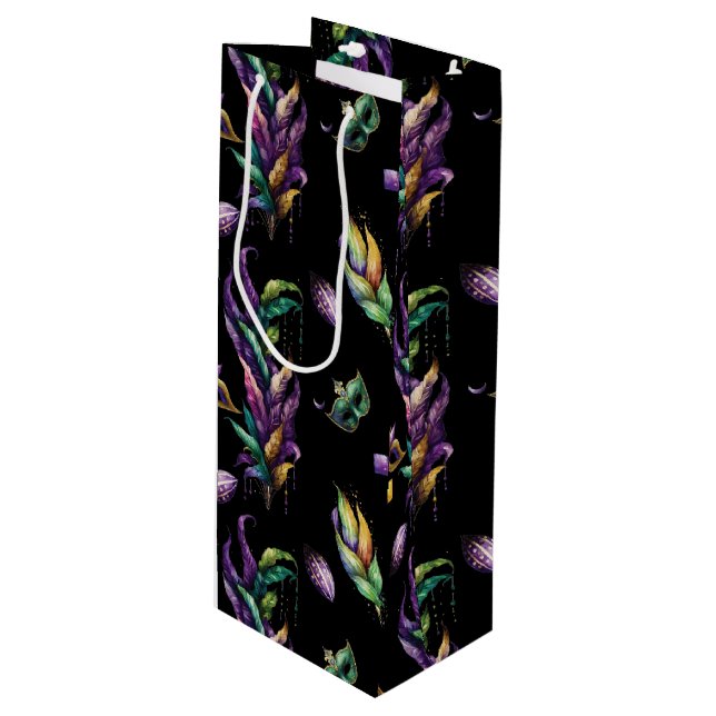 GRÜNE LILA GOLD MARDI GRAS MASKS & FEATHERS GESCHENKTÜTE FÜR WEINFLASCHEN (Vorderseite Schrägansicht)