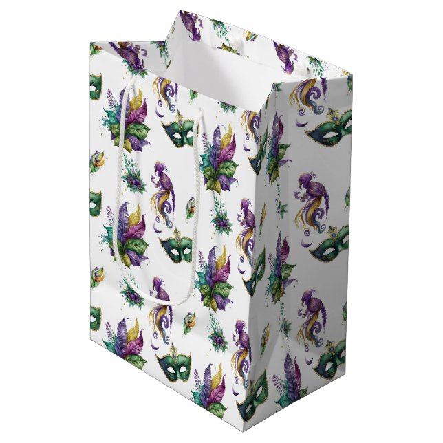 GRÜNE LILA GOLD MARDI GRAS MASKS & FEATHERS MITTLERE GESCHENKTÜTE (Vorderseite Schrägansicht)