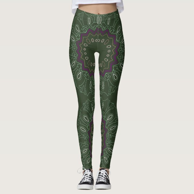 Grüne Lila Kaleidoskop-Ovalen und Sterne Leggings (Vorderseite)