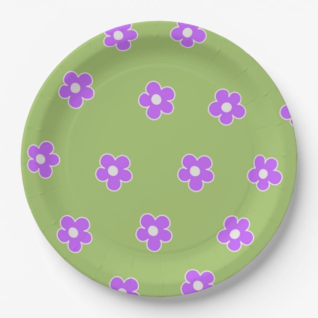 Grüne Lila Retro Y2K Blume Musterpapiere Teller (Vorderseite)