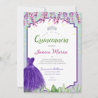 Grüne lila und rosa Quinceañera-Einladung Einladung