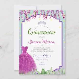 Grüne lila und rosa Quinceañera-Einladung Einladung