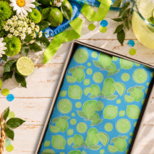 Grüne Limetten auf blauem spielerischem Zitrusmust