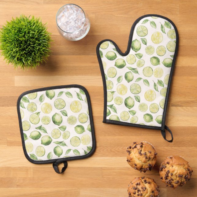 Grüne Limonen Blätter Frucht Ofenhandschuh & Topflappen-Set (Oben Unten)