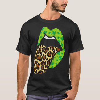 Grüne Lippen Leopard Print Tongue Out St Patricks T-Shirt