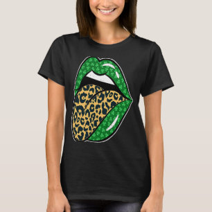 Grüne Lippen Leopard Print Tongue Out St Patricks T-Shirt
