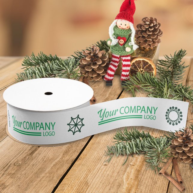 Grüne Logos und Schneeflocken Weihnachten Ripsband (white ribbon with green business logo, green company holiday christmas gift ribbon, snowflakes)