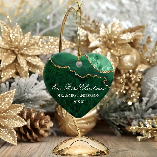Grüne Marmor Agate Geode Wedding Heart Keramik Ornament (Customize to change text size, text style or to add more text to back.)