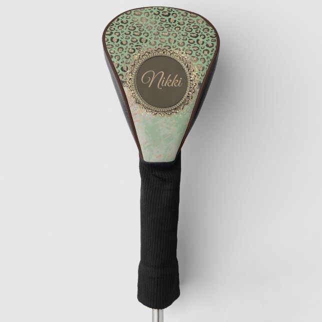 Grüne Marmor Glittery Leopard Personalisiert Golf Headcover (Vorderseite)
