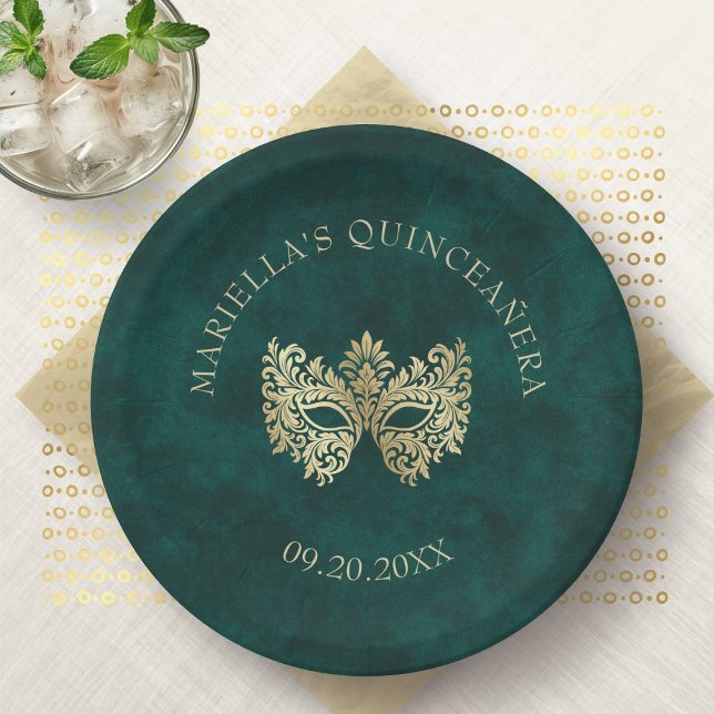 Grüne Masquerade Maske Elegante Quinceanera Pappteller (Von Creator hochgeladen)