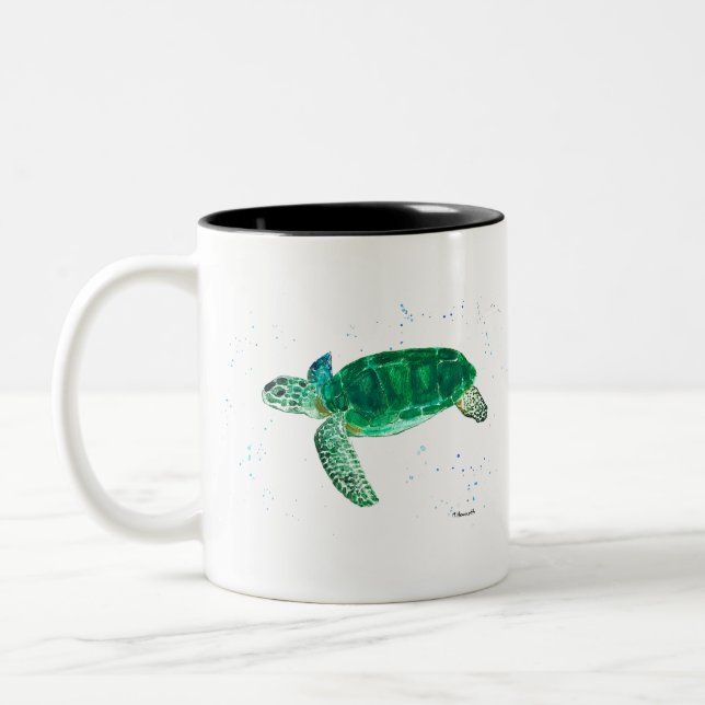 Grüne Meeresschildkröte Aquarell Küstentropische O Zweifarbige Tasse (Links)