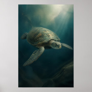 Grüne Meeresschildkröte gleitet durch das Licht de Poster