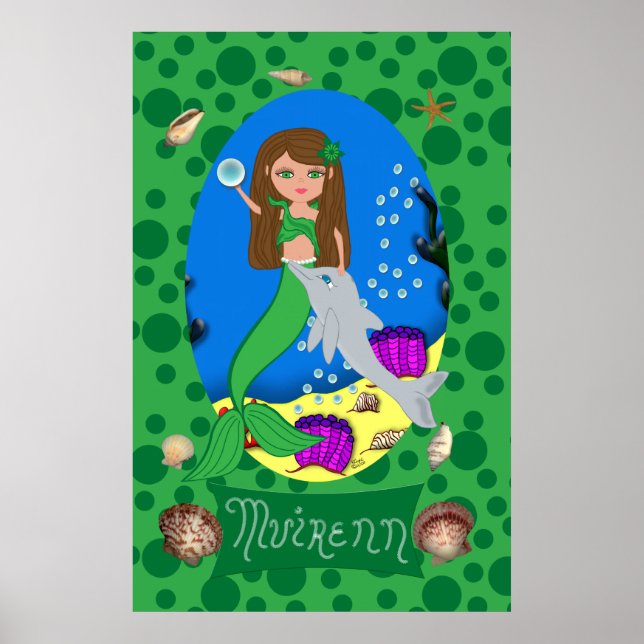 Grüne Meerjungfrau und Dolphin Print Poster (Vorne)
