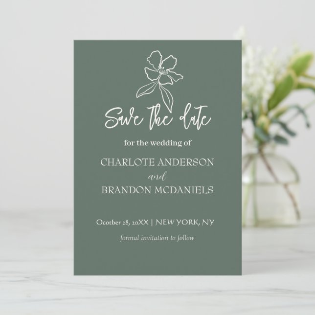 Grüne Minimalblütenhochzeit spart das Datum Save The Date (Stehend Vorderseite)